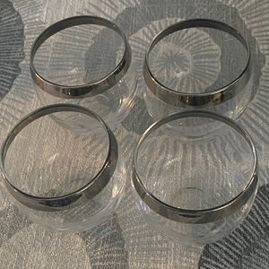 Vintage barware silver rimmed roly-poly clear glasses silver rims set four